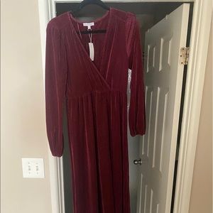 Pleated Maxi/Long Sleeve Mulberry V-Neck Dress